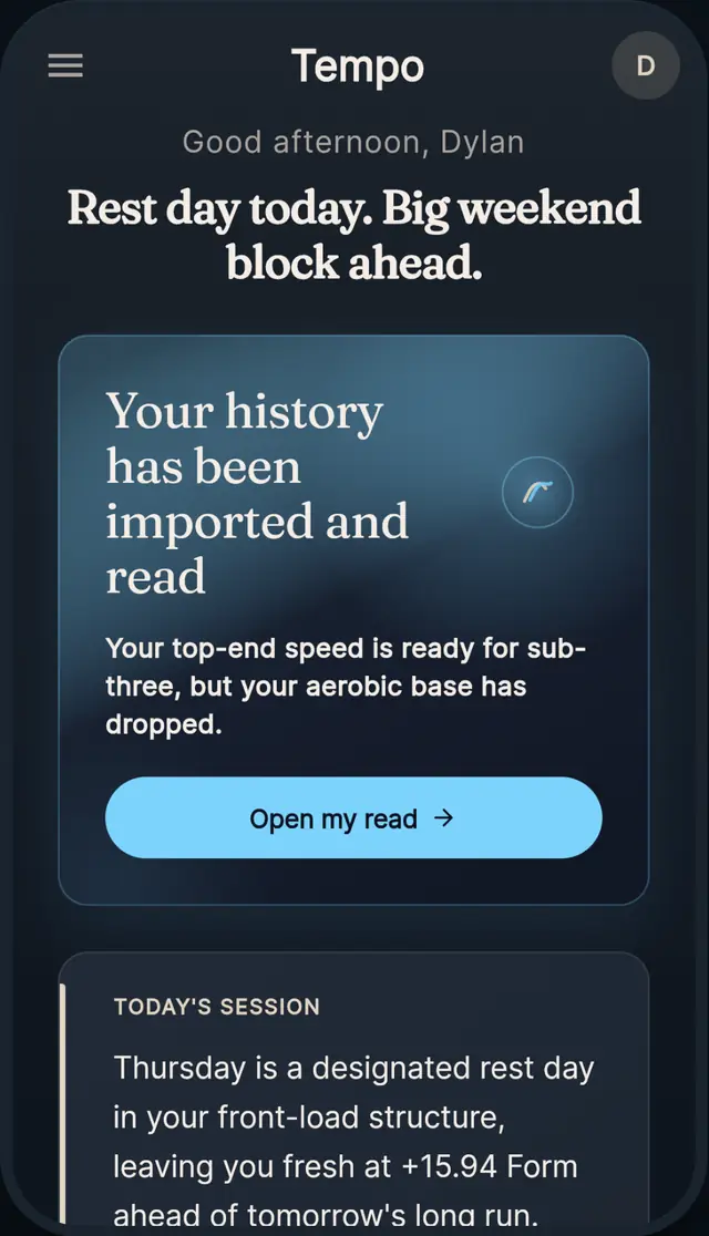 Tempo app screen: the First Read for a demo athlete