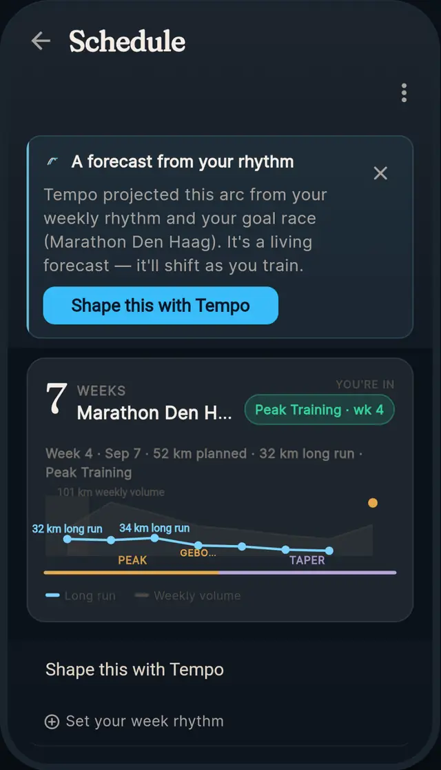 Tempo app screen: a demo athlete's schedule